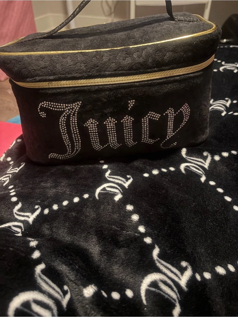 Juicy Couture Black and Gold Rhinestone 'Juicy' Cosmetic Case